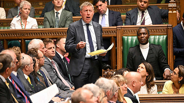 James energetically making a point in a House of Commons debate